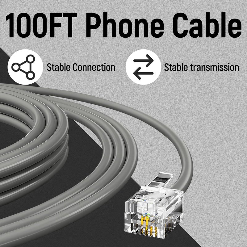 Uvital Phone Extension Line, 100 FT Grey Long Telephone Extension Line Cord Cable Wire,RJ11 6P4C Phone Cord for Landline/Fax Machine/Home/Office - Image 2